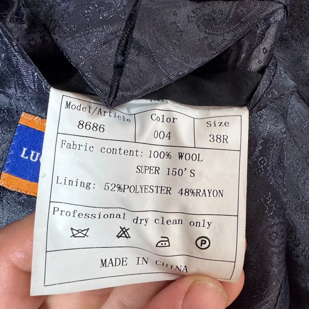 Luciano Carreli Suit Men 38R Navy Blue Super 150s Wool Double Breasted Pleated